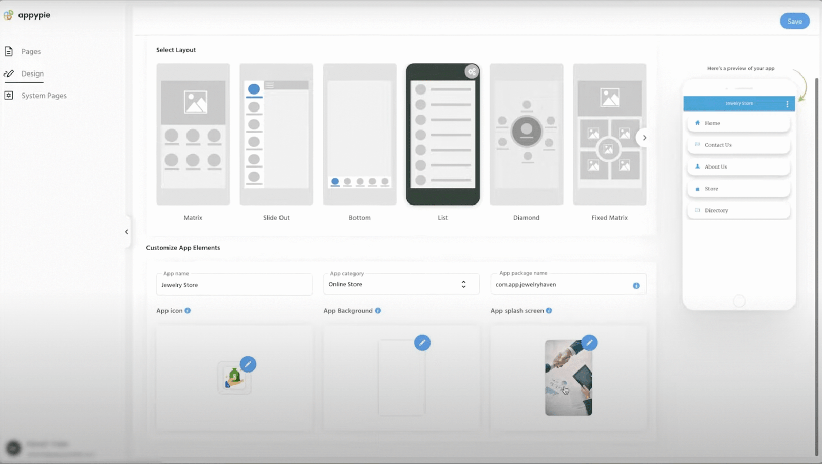 appypie ai app design tab