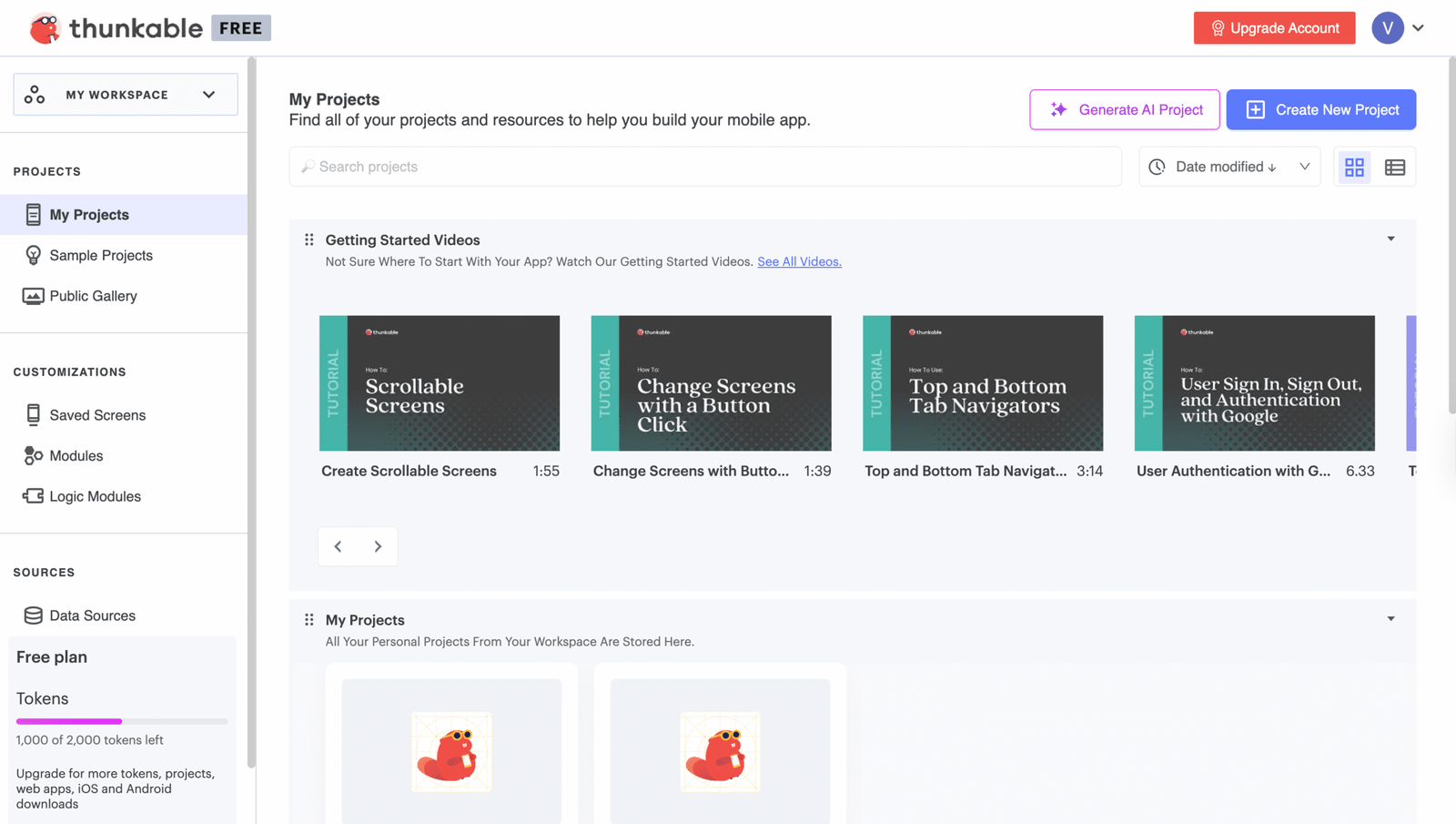 thunkable ai app maker dashboard